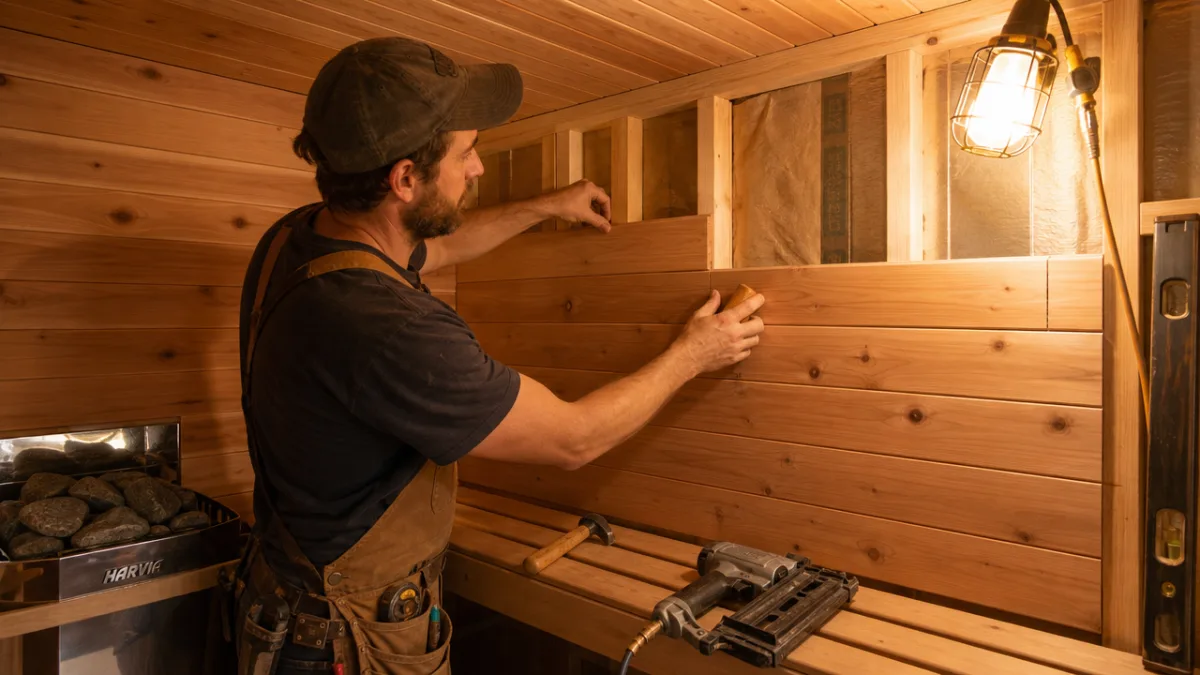 a craftsperson installing cedar tongue-and-groove paneling inside a sauna frame, warm incandescent…
