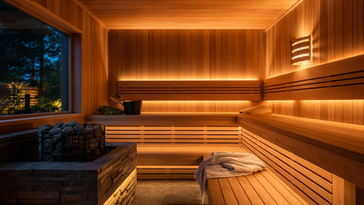 a finished home sauna interior glowing warmly with stacked cedar benches and…