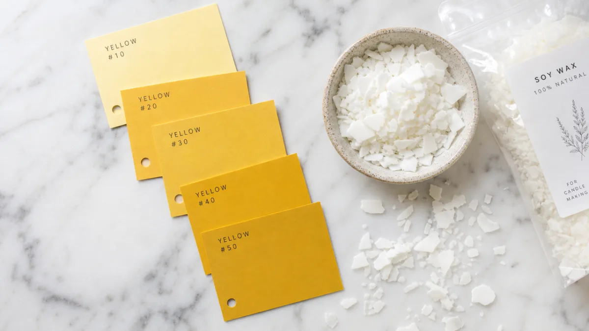 a flat lay of yellow candle dye chips and soy wax flakes…
