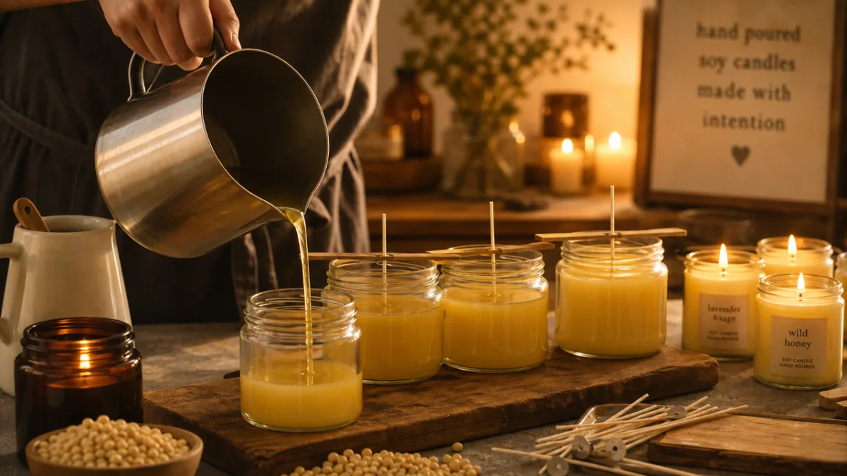 a warm studio scene showing yellow soy candles being poured into glass…