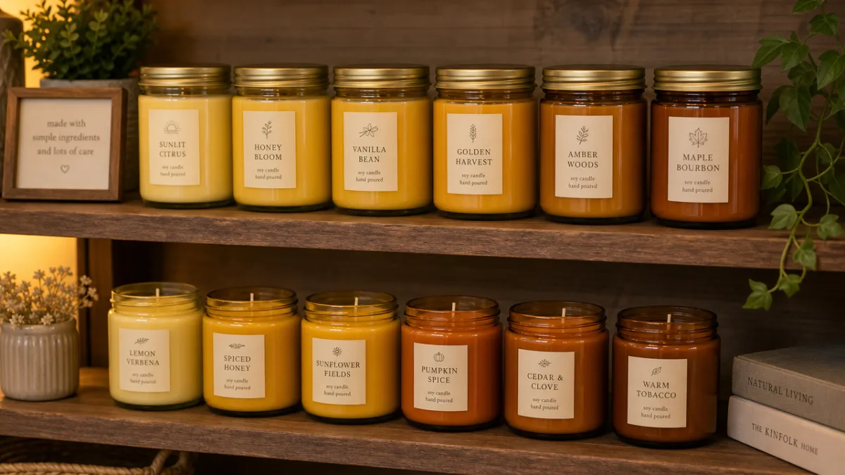 neatly arranged yellow and amber finished soy candles on a wooden shelf,…