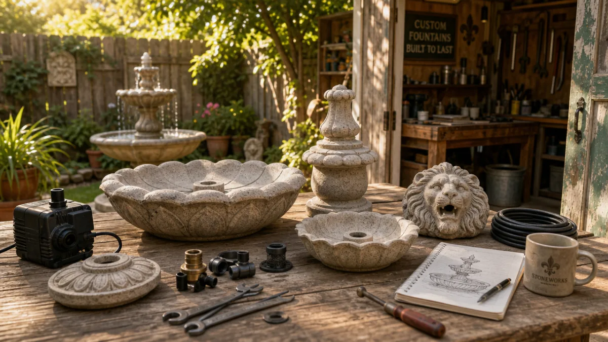 a sunlit backyard workshop with fountain components laid out on a wooden…
