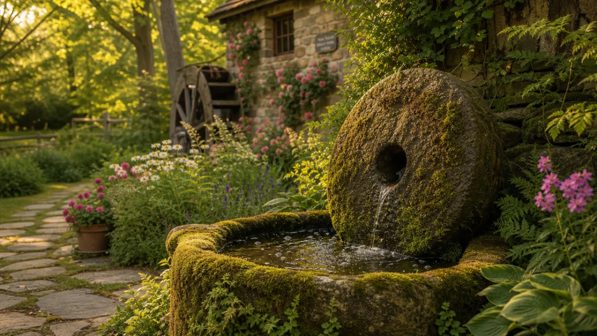 a moss-covered millstone fountain bubbling gently in a lush cottage garden, soft…