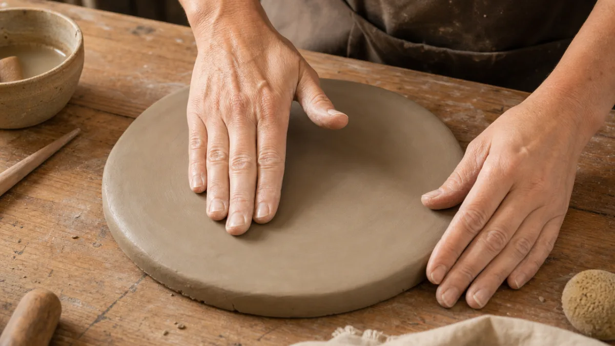 hands smoothing a round clay disc on a wooden workbench, warm studio…