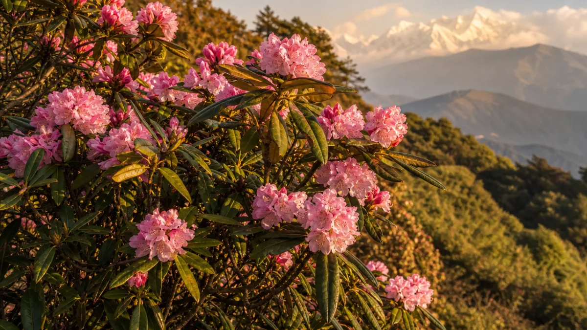 a lush Himalayan hillside shrub with soft pink flower clusters in warm…