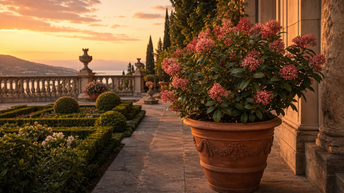 a formal garden terrace with flowering Luculia shrub in terracotta pot at…