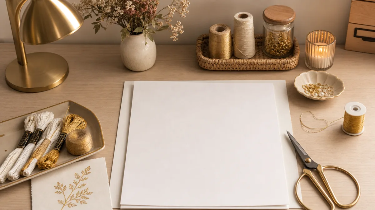 a neatly arranged craft table with white paper, gold thread, scissors and…