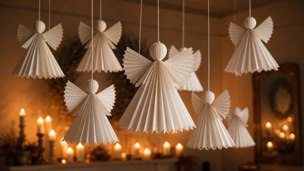 a cluster of elegant white paper angels hanging from a ceiling against…