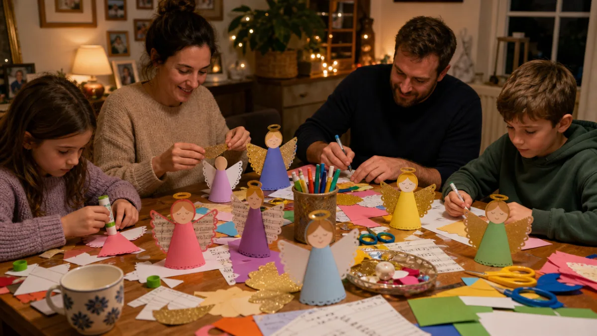 a family craft table covered with colourful paper angels in progress under…
