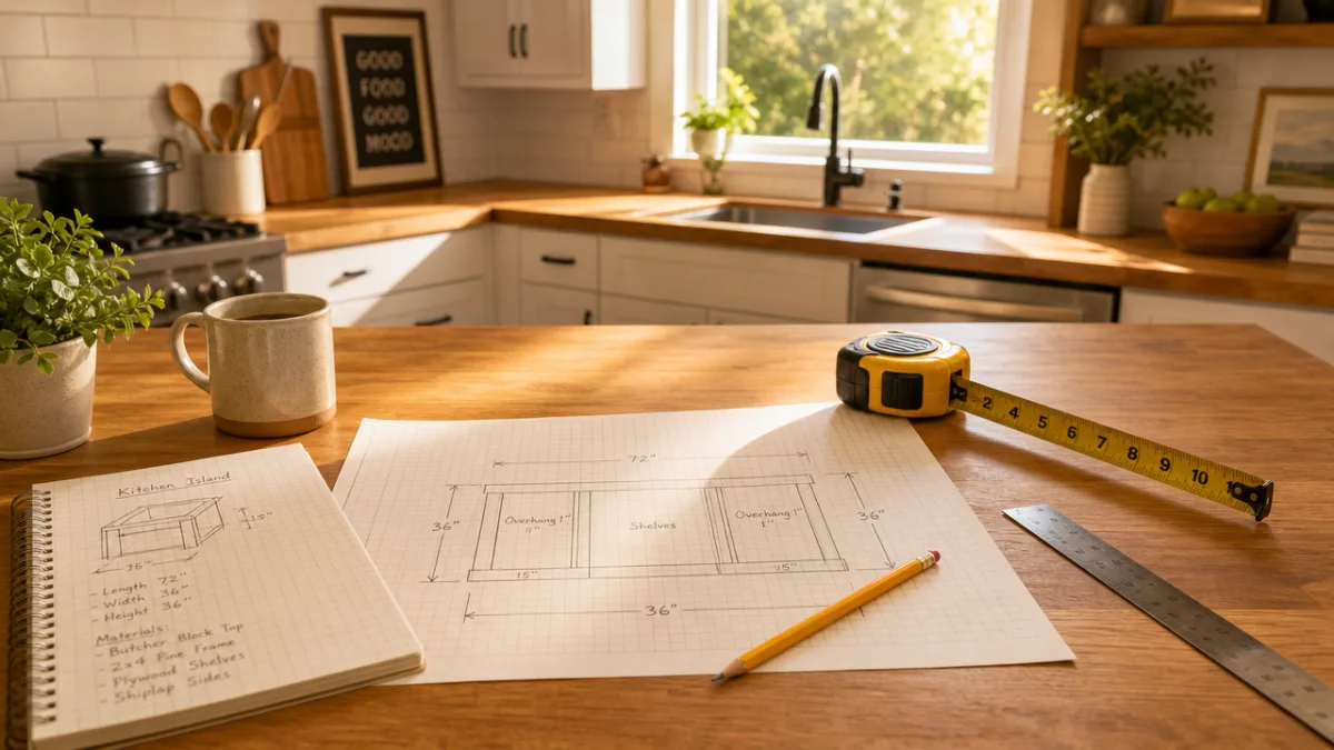 a well-lit kitchen workspace with measuring tape, pencil, and graph paper spread…