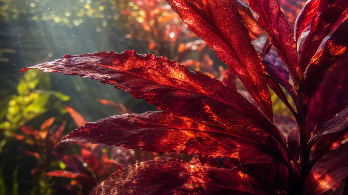 a close-up of deep red aquatic plant leaves underwater with dappled sunlight…