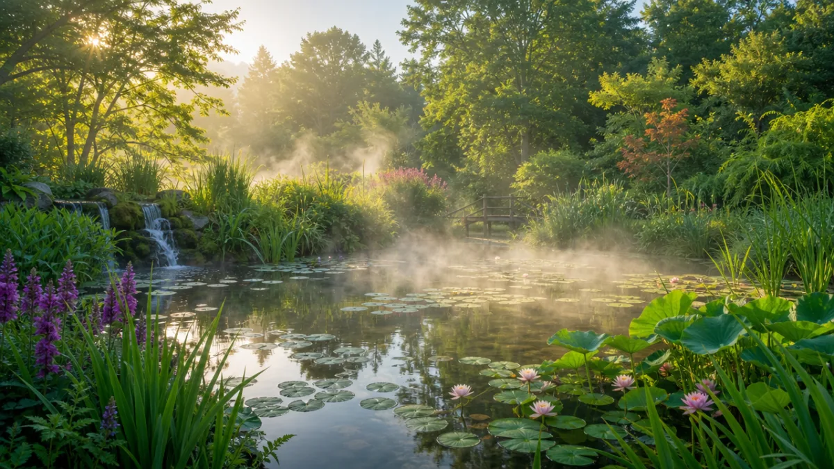 a lush outdoor pond in summer surrounded by aquatic plants, soft morning…