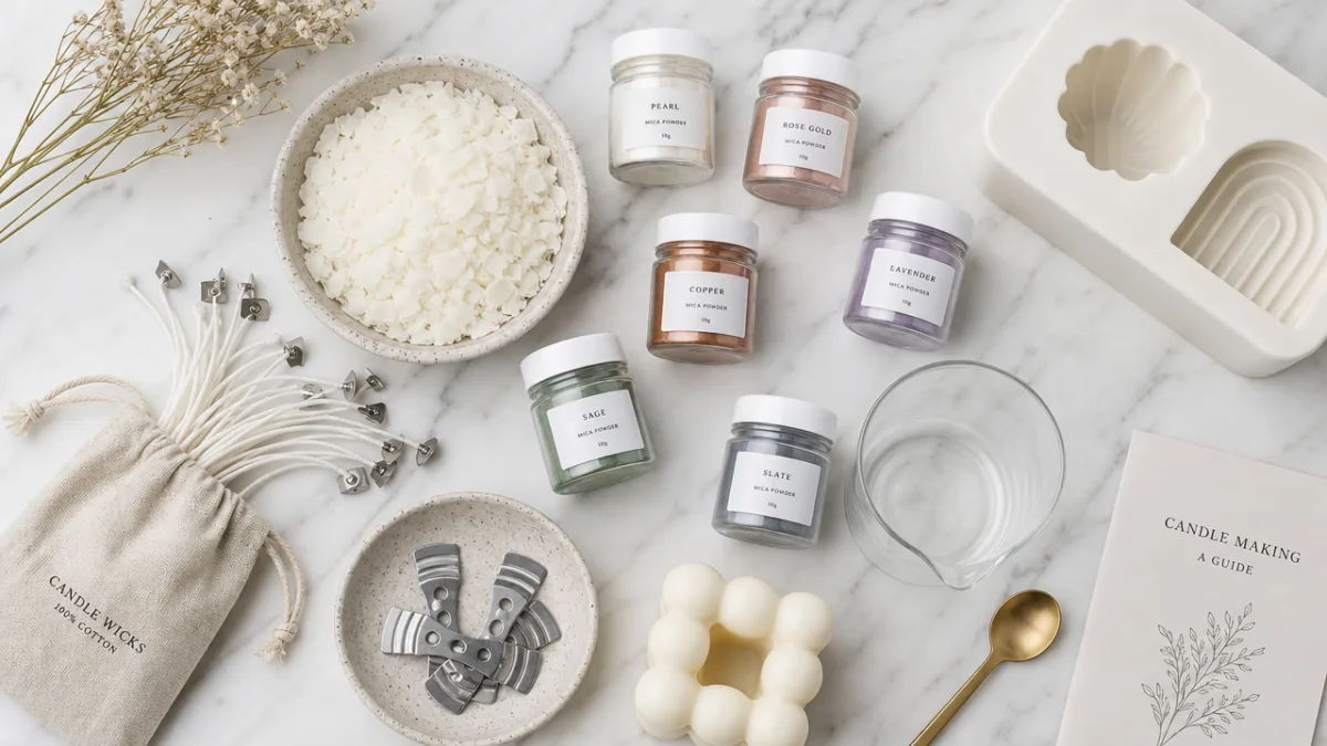 a flat lay of candle making supplies including mica powder jars, wax,…