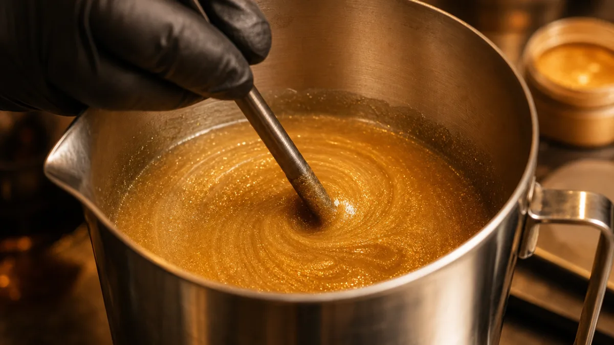 close-up of a gloved hand stirring shimmering mica powder into melted wax…