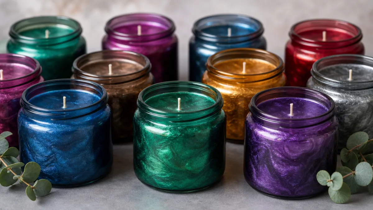 a collection of finished mica powder candles in glass jars displaying rich…