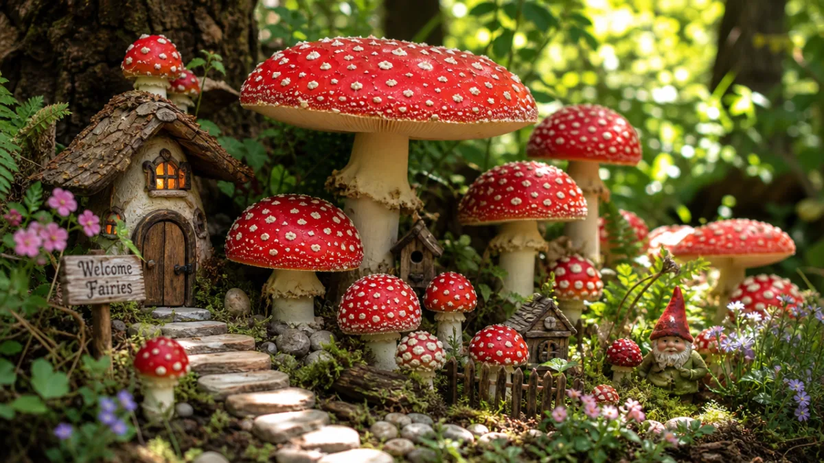 a whimsical fairy garden mushroom display with varied sizes, vibrant red caps…