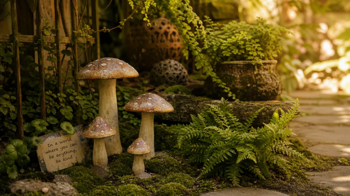 a beautifully styled outdoor garden corner with mushroom sculptures among ferns and…
