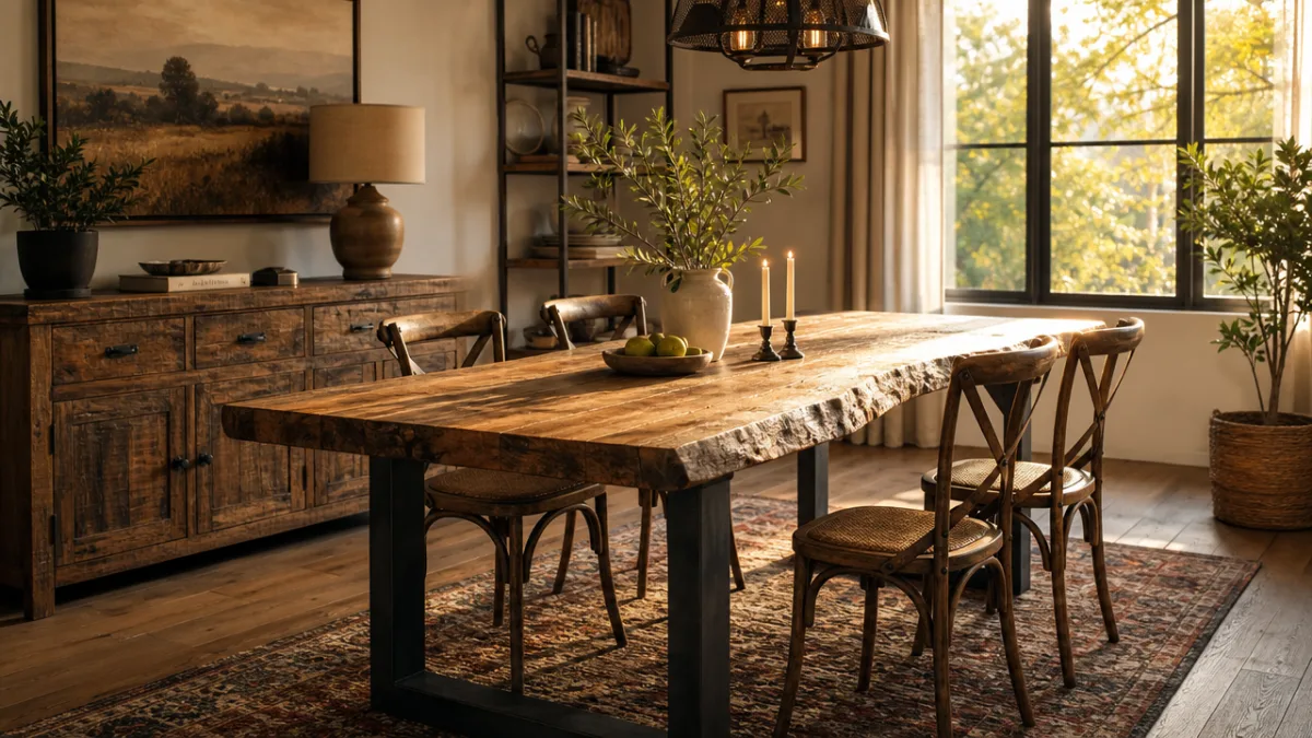 a warm rustic dining room featuring a live-edge reclaimed wood table with…