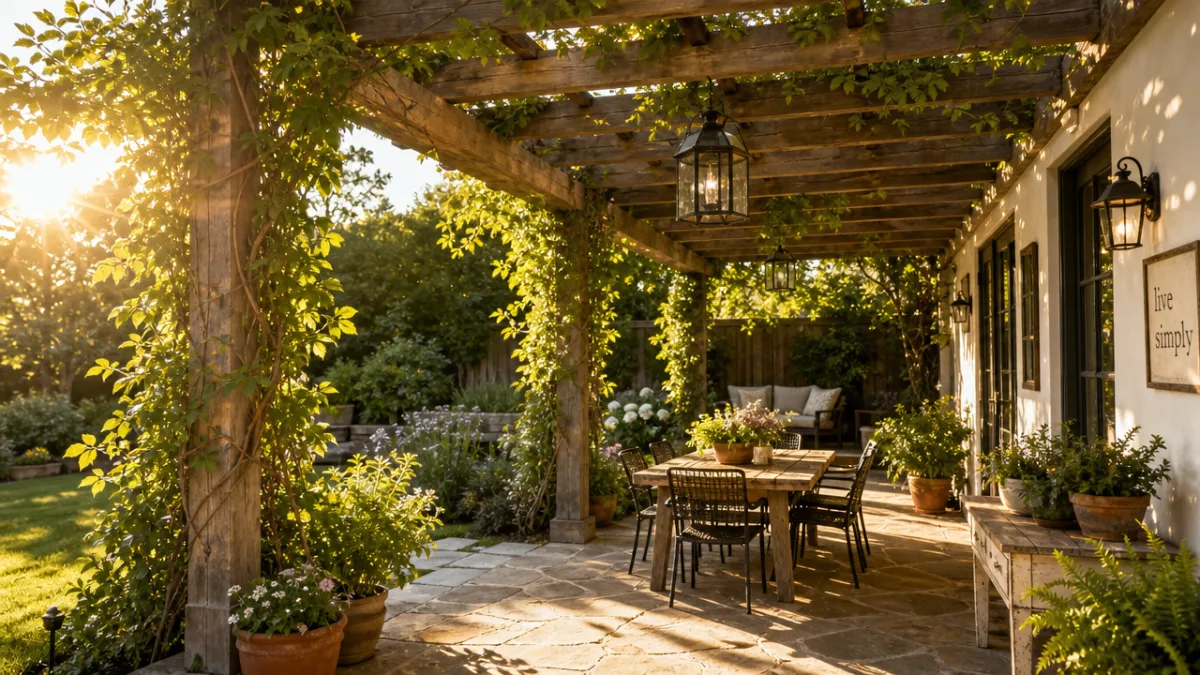 a sun-drenched garden patio featuring a reclaimed wood pergola with climbing vines,…
