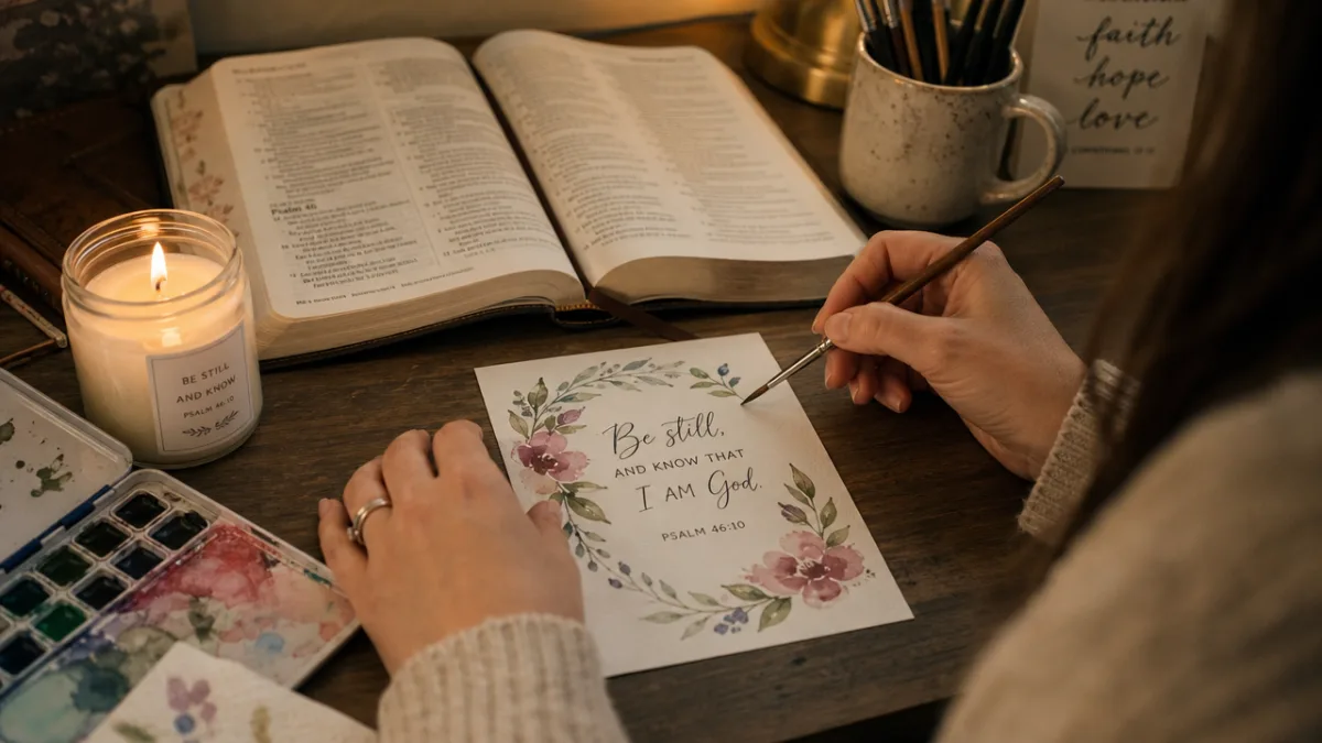 a woman's hands painting a watercolor verse card at a desk with…