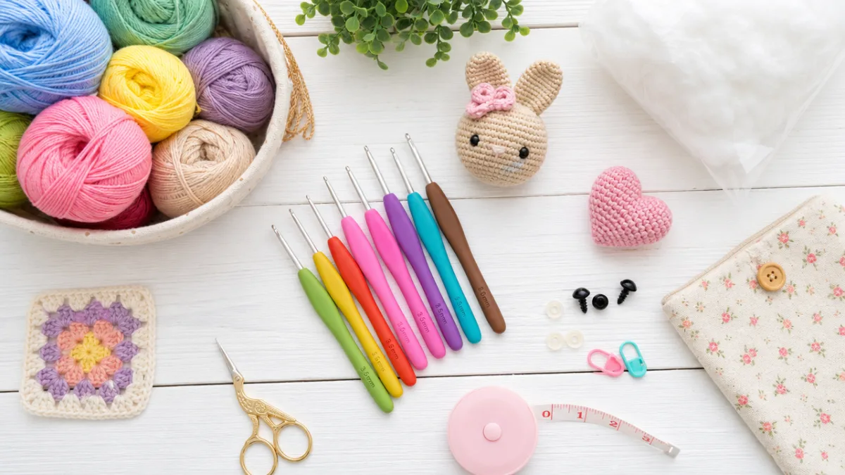a flat lay of colorful crochet yarn, hooks, and stuffing materials on…