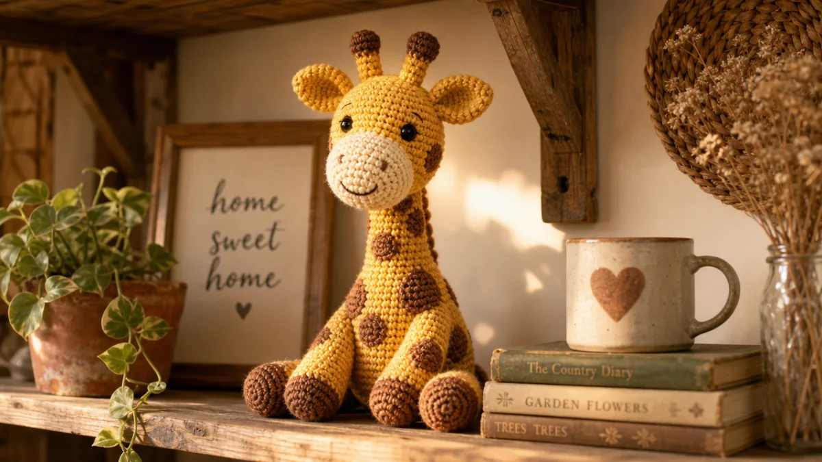 a handcrafted crocheted giraffe plush displayed on a rustic wooden shelf, warm…