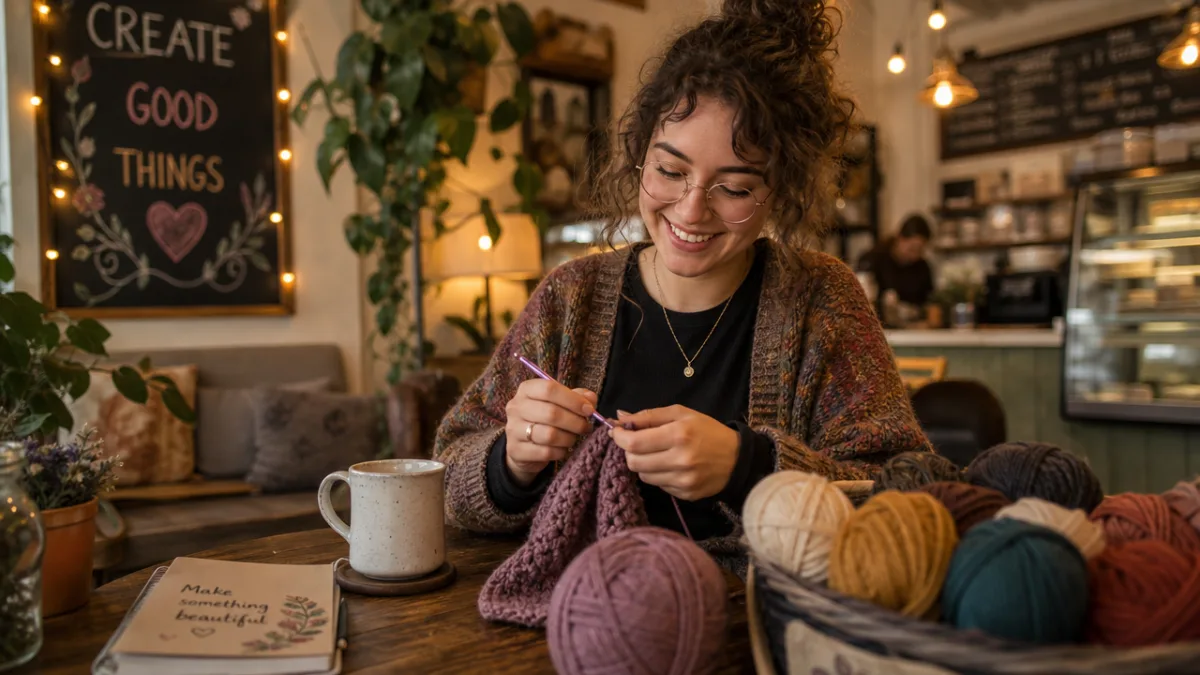 a smiling person crocheting yarn at a cozy café table, soft warm…