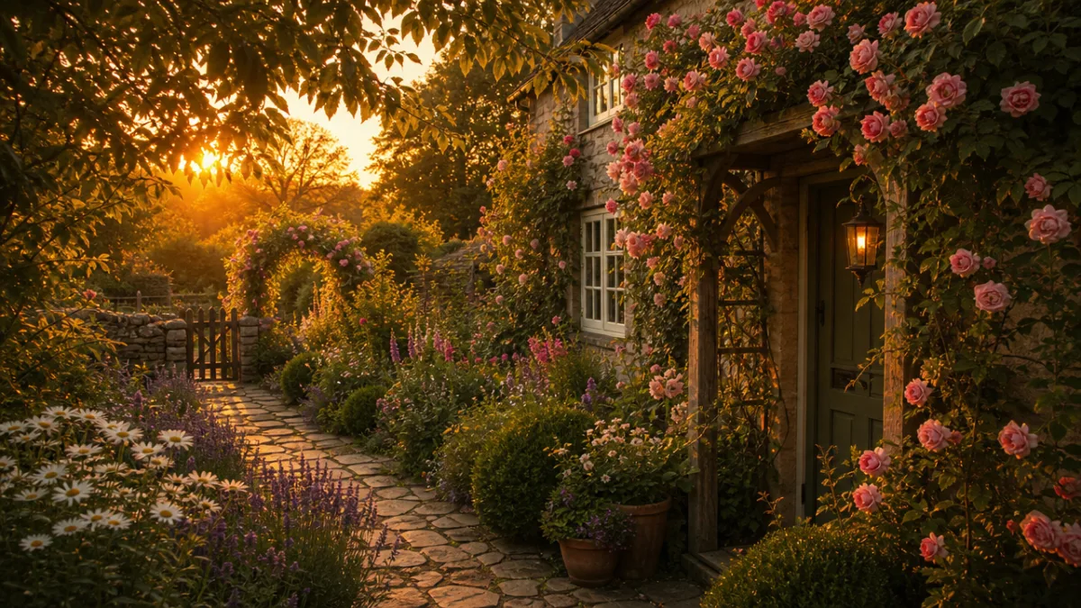 a lush cottage garden at golden hour with a winding stone path…