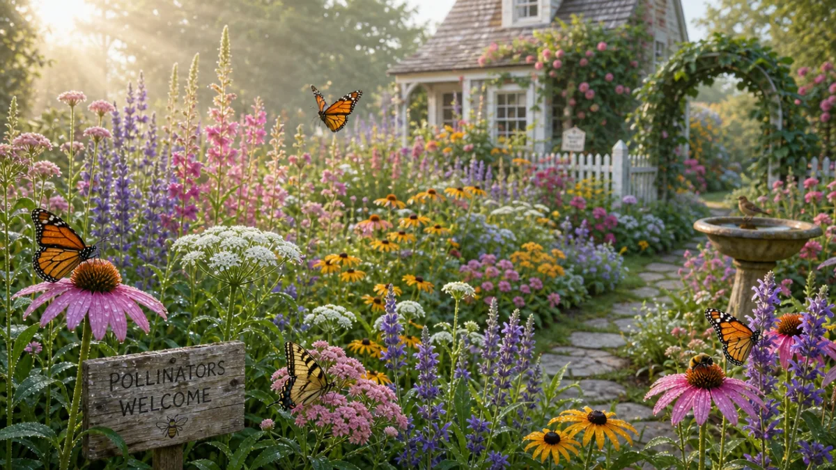 a vibrant cottage-style pollinator garden filled with wildflowers and butterflies, soft morning…