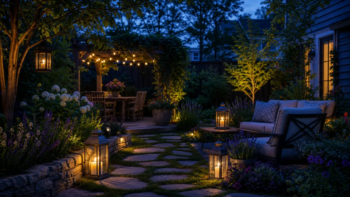 a serene backyard garden at dusk with soft glowing lanterns and lush…