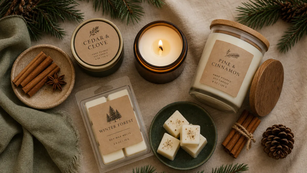 an elegant flat lay of handmade soy candles and wax melts with…