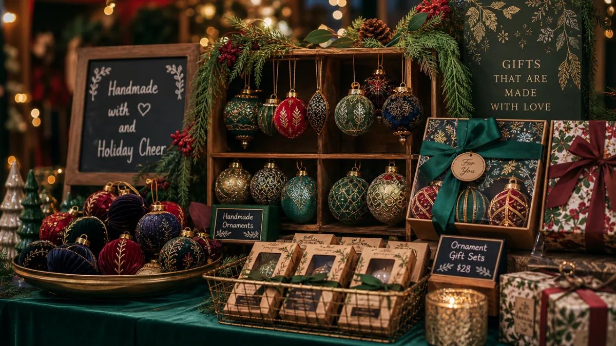 a beautifully styled Christmas craft market display with handmade ornaments and gift…