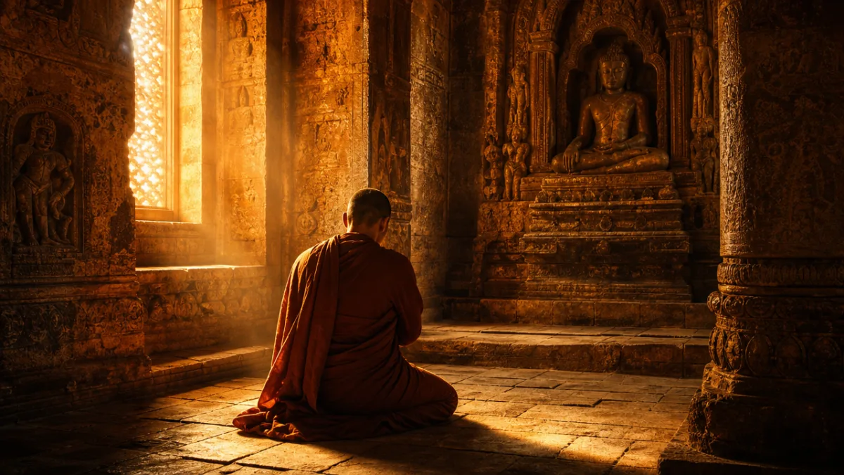 a solitary figure kneeling in golden afternoon light inside an ancient stone…