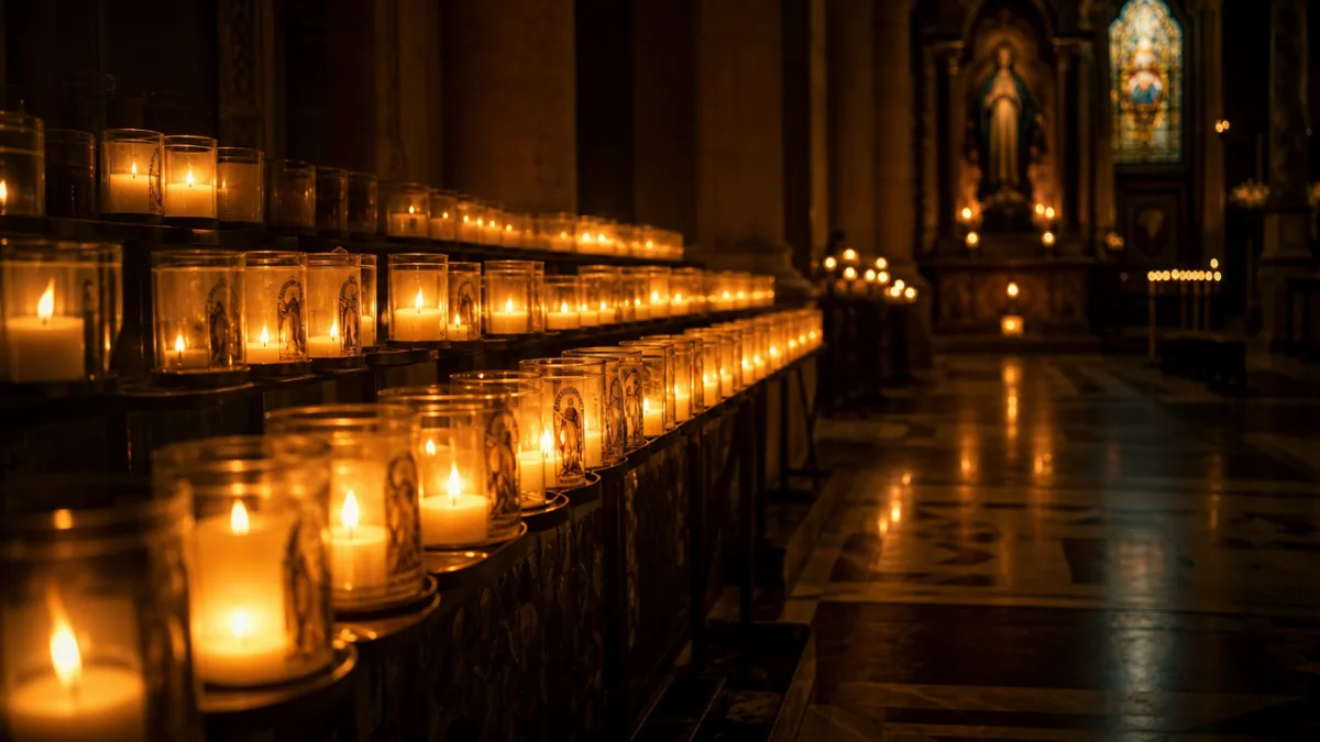rows of lit candles glowing in a dim sacred space, soft warm…