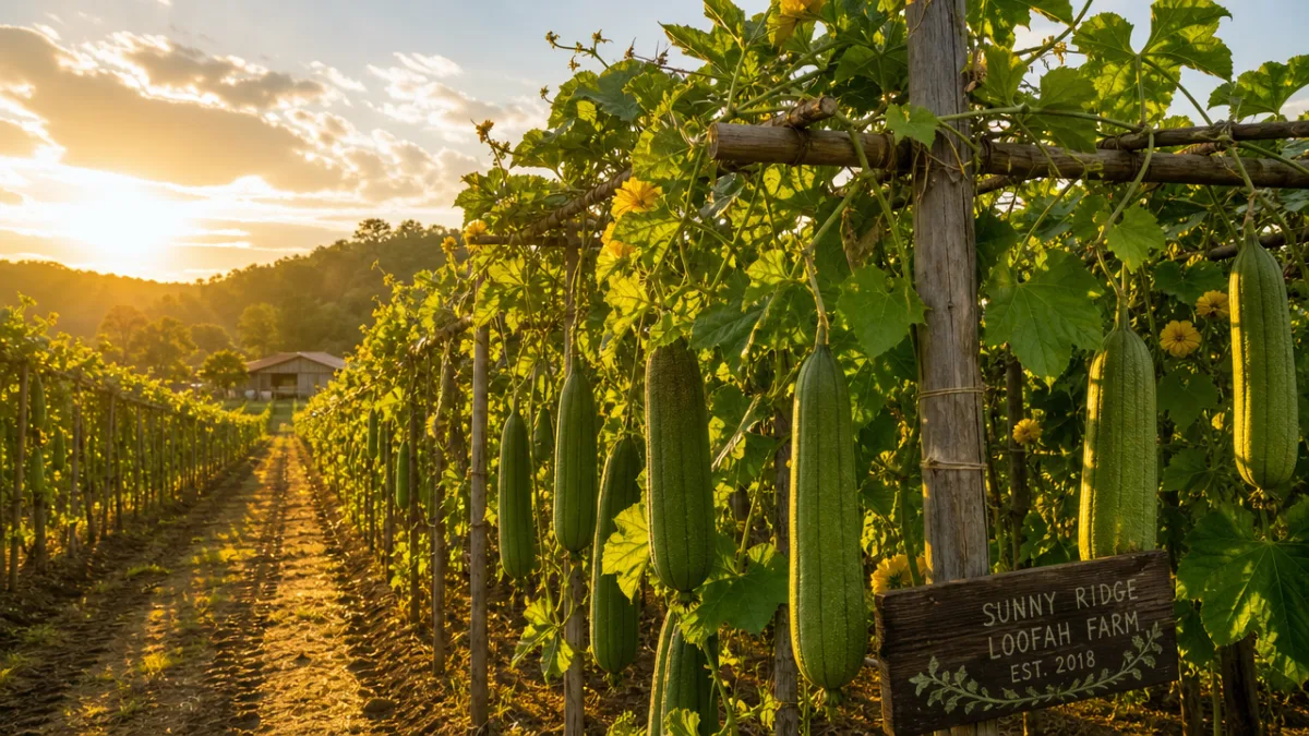 a sun-drenched loofah farm with green vines climbing tall wooden trellises, warm…