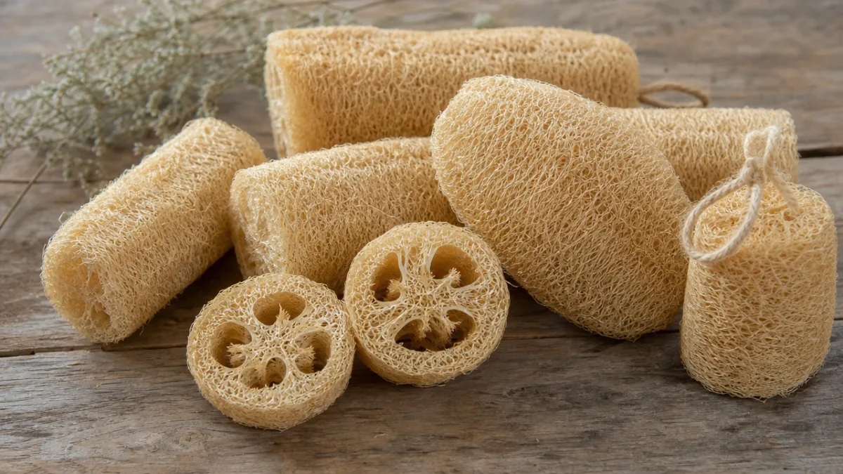 a collection of natural unbleached loofahs arranged on a rustic wooden surface,…