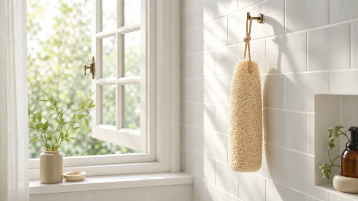 a loofah hanging to dry in a bright airy bathroom beside an…