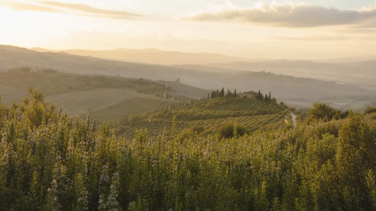 a Tuscan hillside landscape with wild rosemary in golden hour sunlight, hazy…