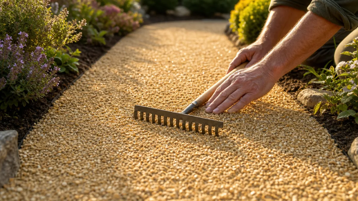 hands raking pale golden gravel smooth on a freshly laid garden path,…