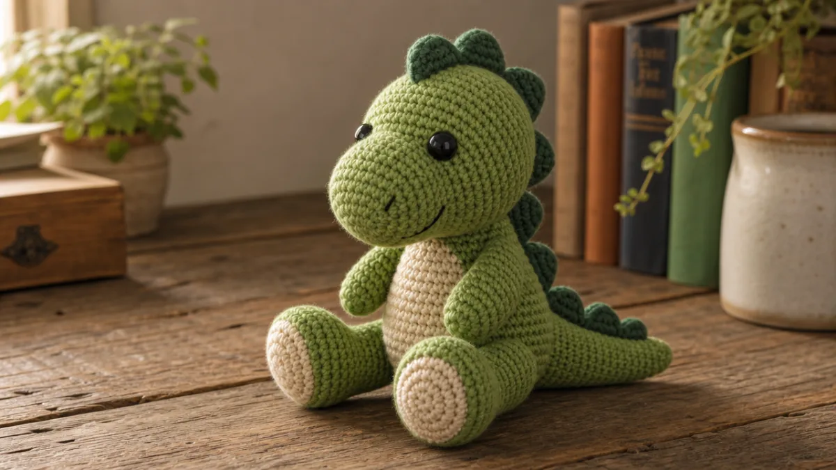 a completed amigurumi green dinosaur stuffed toy sitting on a rustic wooden…