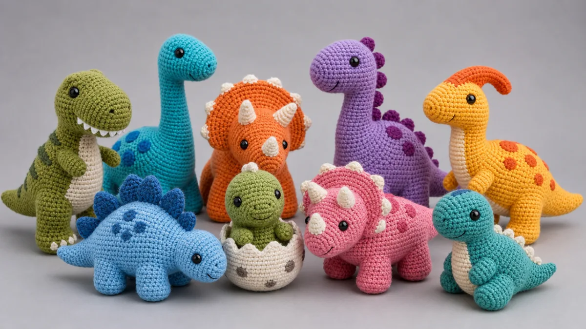 a collection of colorful amigurumi dinosaur toys arranged together on a soft…