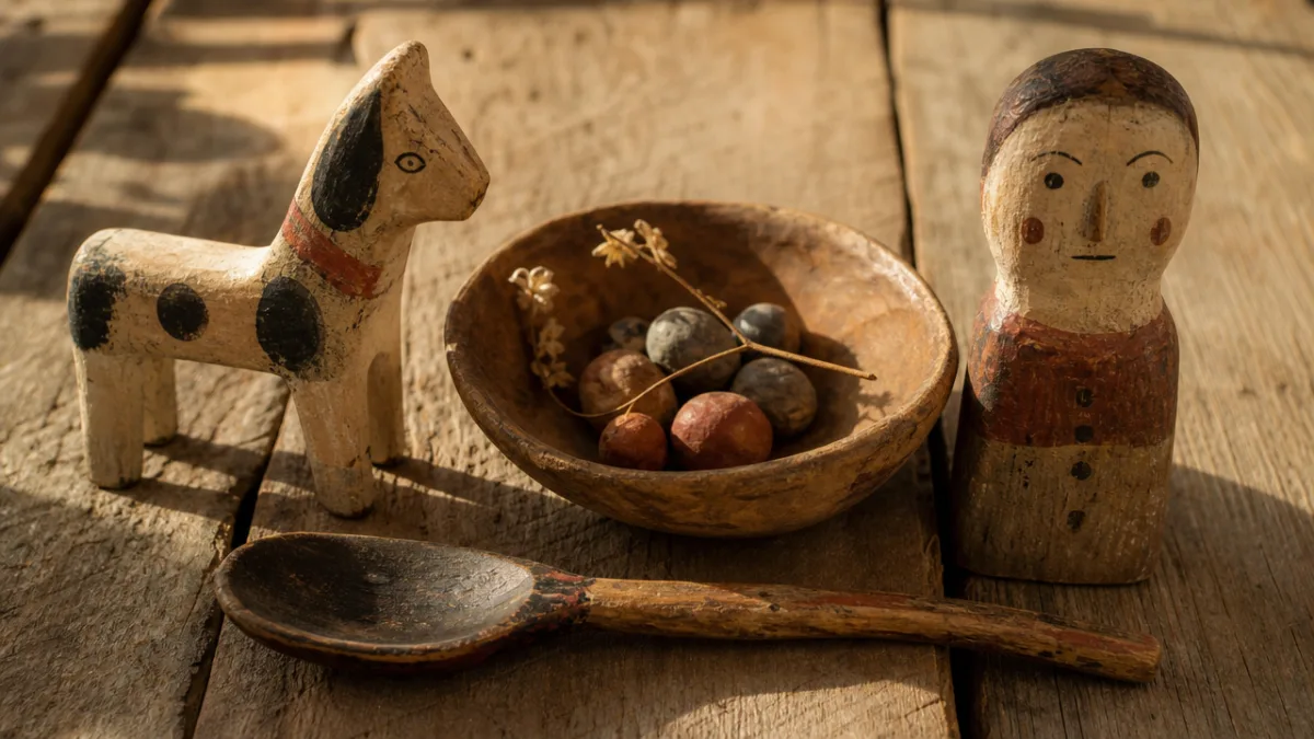 a close-up of handmade primitive folk art objects on a weathered wood…