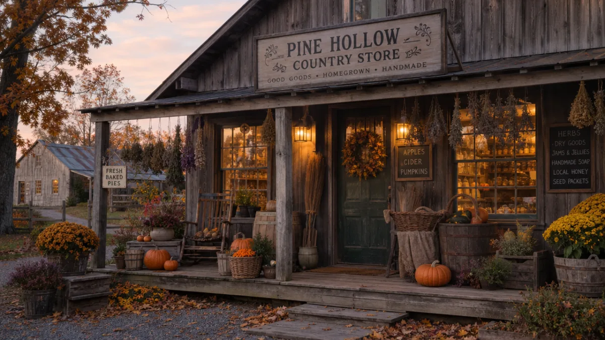 a cozy primitive country store exterior with a wooden porch, hanging dried…