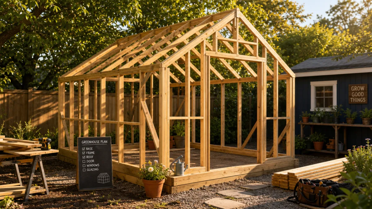 a well-organized wooden greenhouse frame under construction in a sunny backyard, golden…