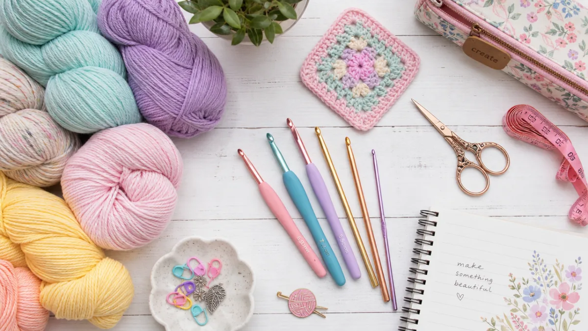 a flat lay of colorful pastel yarn skeins, crochet hooks, and crafting…