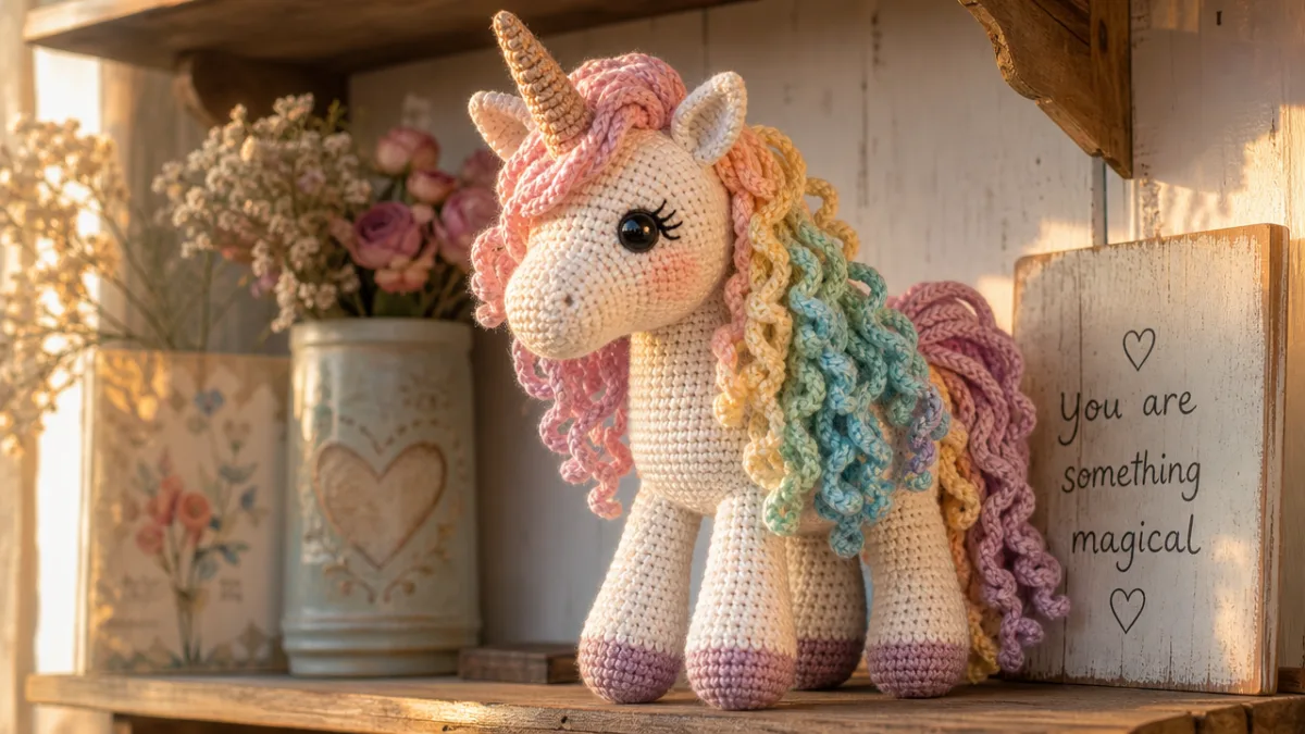 a beautifully detailed handmade crochet unicorn with pastel rainbow mane displayed on…