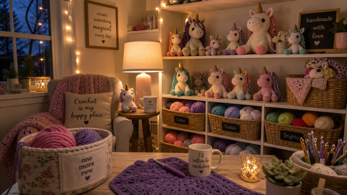 a cozy crafting corner with yarn baskets, finished crochet unicorns arranged on…