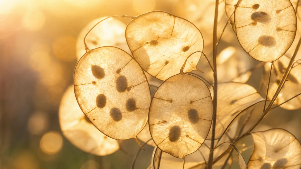 a close-up of dried Lunaria annua silver seed pods backlit by warm…