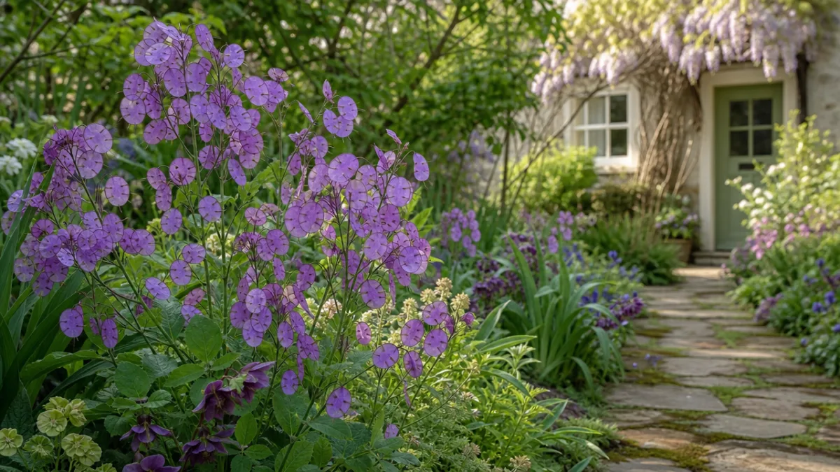 a lush cottage garden border with purple Lunaria annua flowers blooming among…