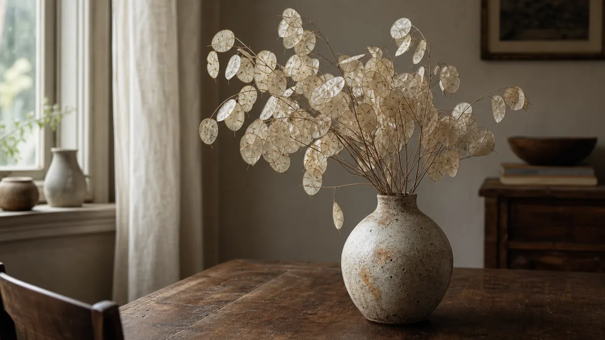 dried Lunaria annua stems in a rustic ceramic vase on a wooden…